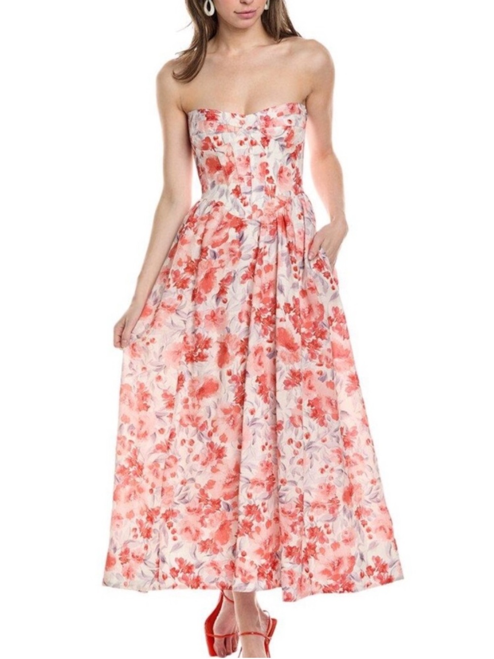 NWT BARDOT Lola Corset Strapless Midi Dress in Red Floral Sz XS Pockets Cottage